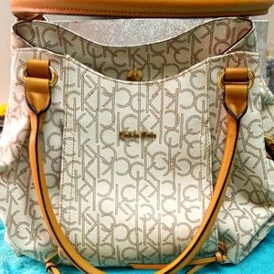 Calvin Klein Signature print Cream white large purse